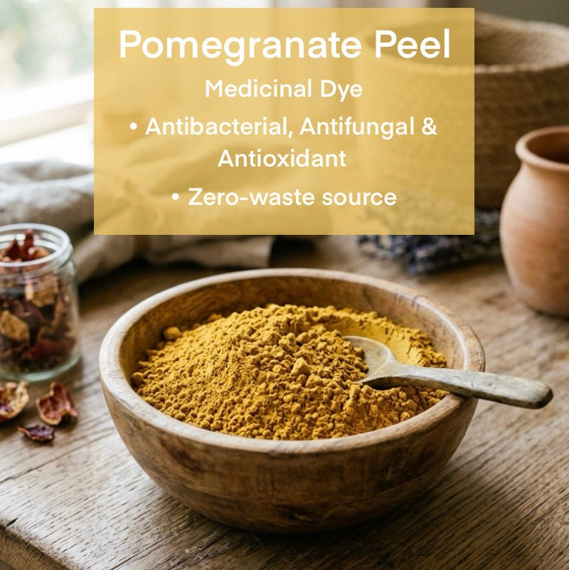 Wooden bowl with pomegranate peel powder on a wooden surface, with 'maayu' branding.