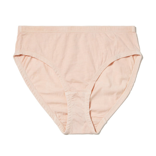 A pair of organic cotton hipster panties in a pale color, with elastic encased waist and leg openings.