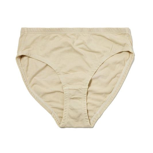 A pair of beige organic cotton hipster panties with a high waist and leg openings.