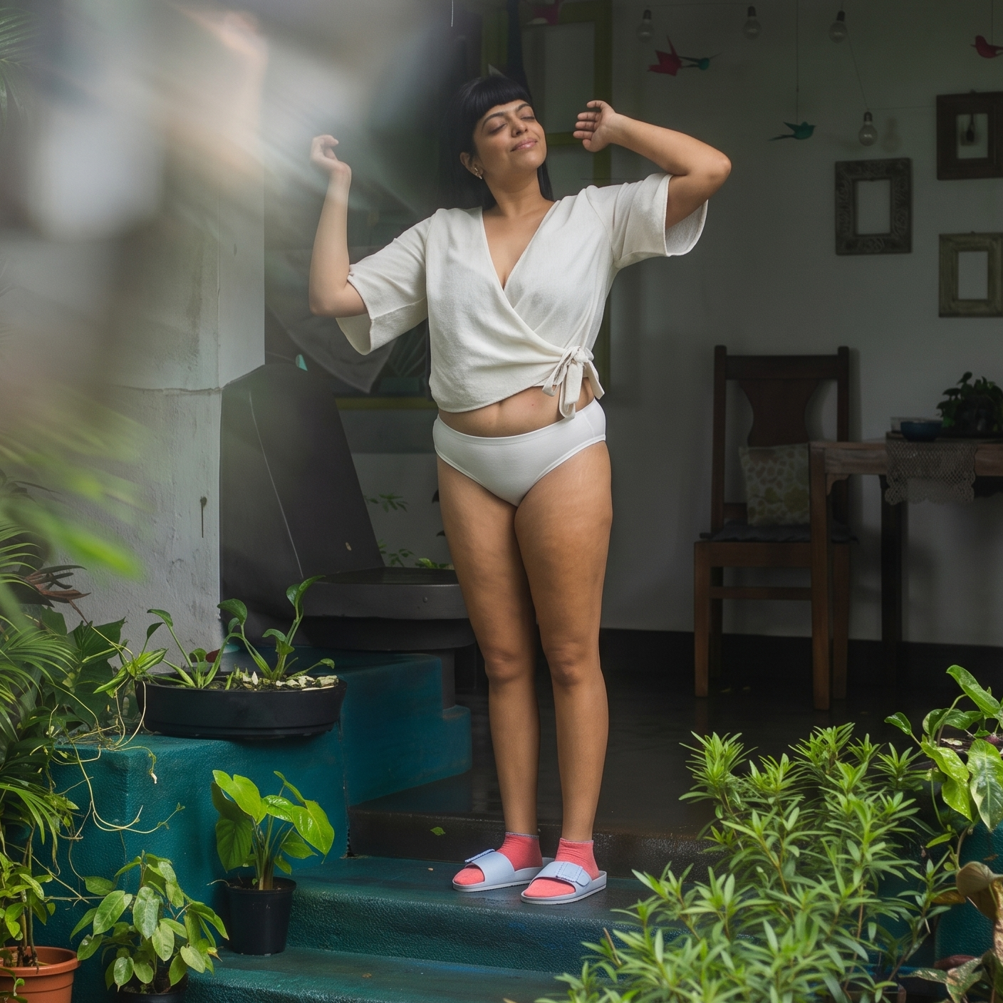 Person standing on a staircase surrounded by potted plants indoors
