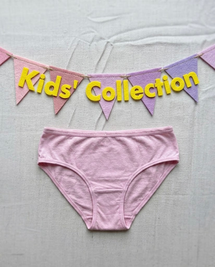 Pink underwear with a 'Kids' Collection' banner on a light gray background